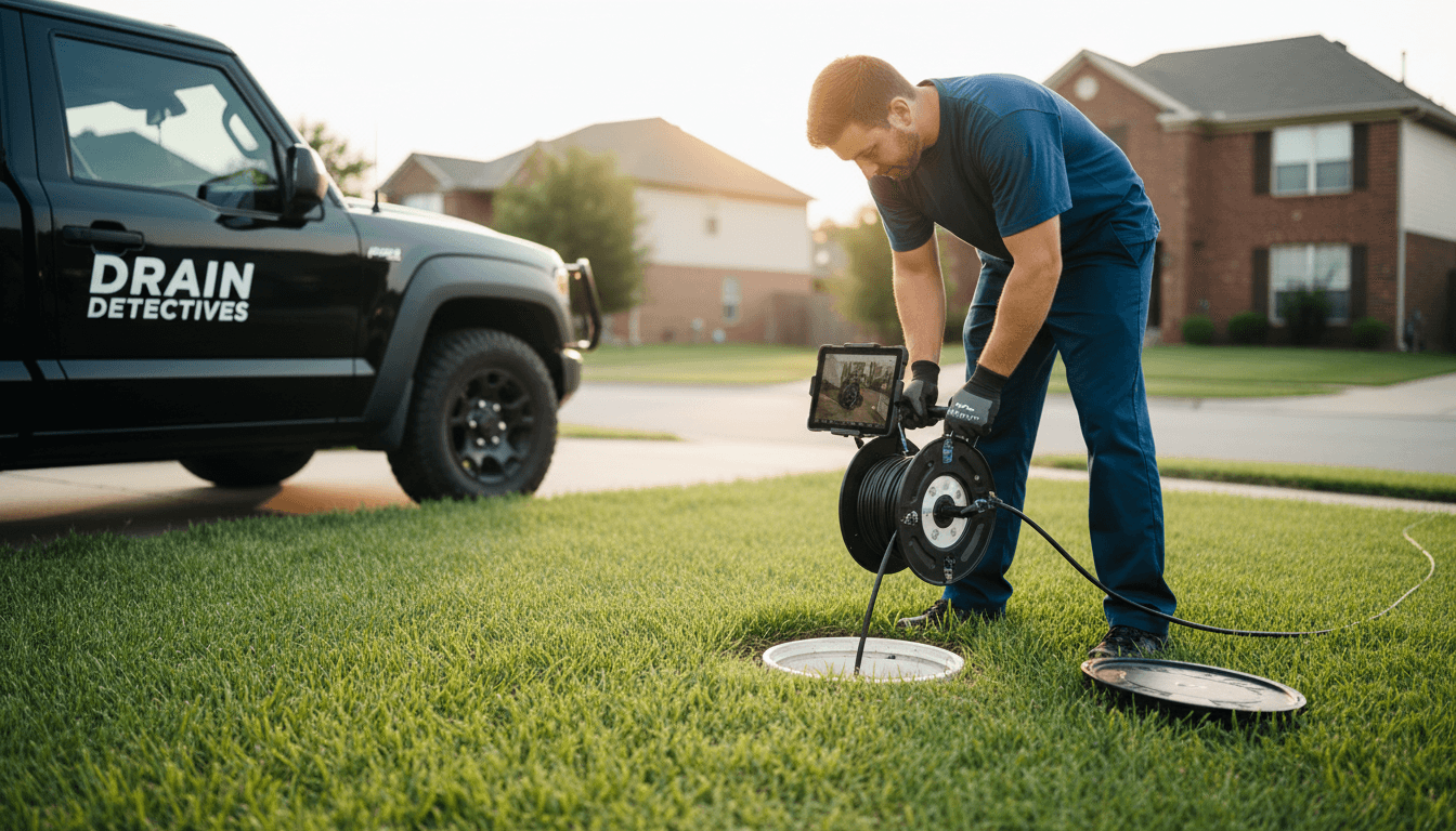 Technician preparing sewer camera inspection equipment at a residential cleanout