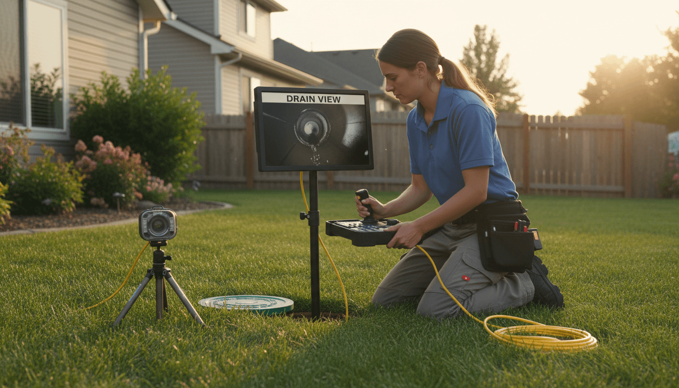 Plumber using a sewer camera to inspect a drain line in a residential yard