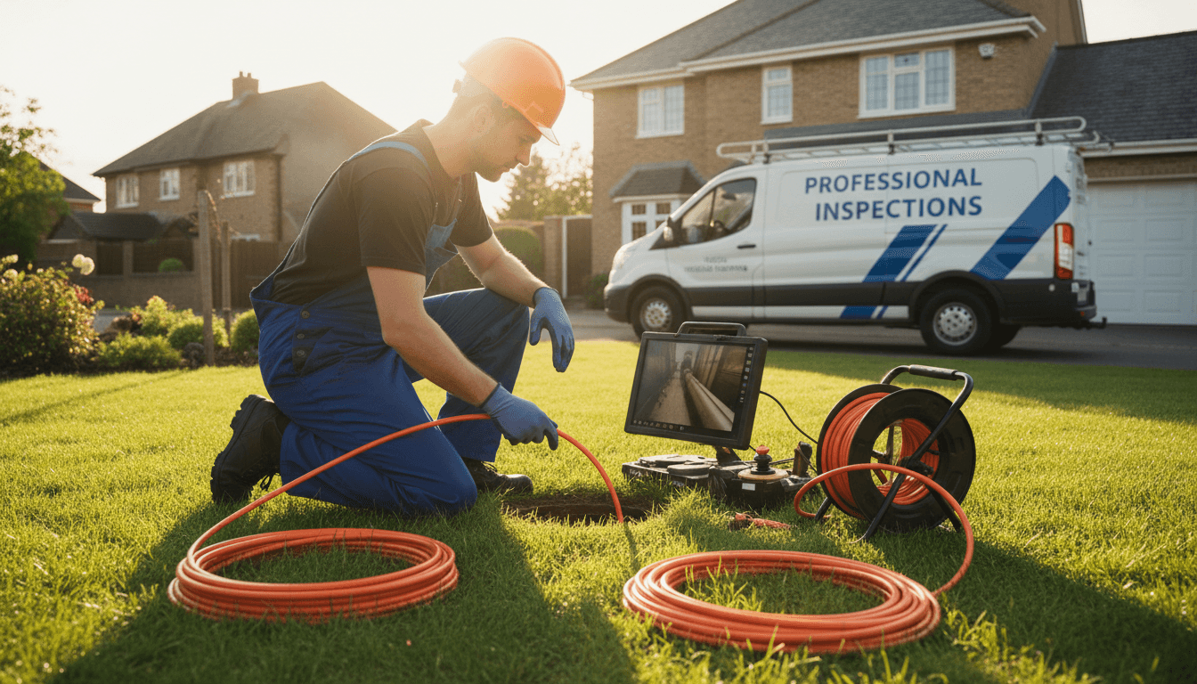 Plumber inspecting a sewer line access point with camera equipment