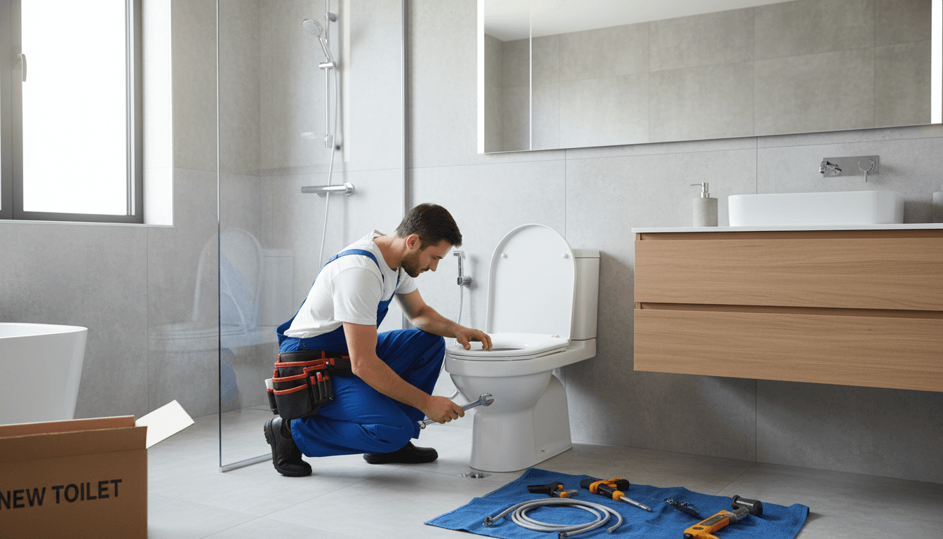 Professional plumber installing a white toilet in a bright modern bathroom