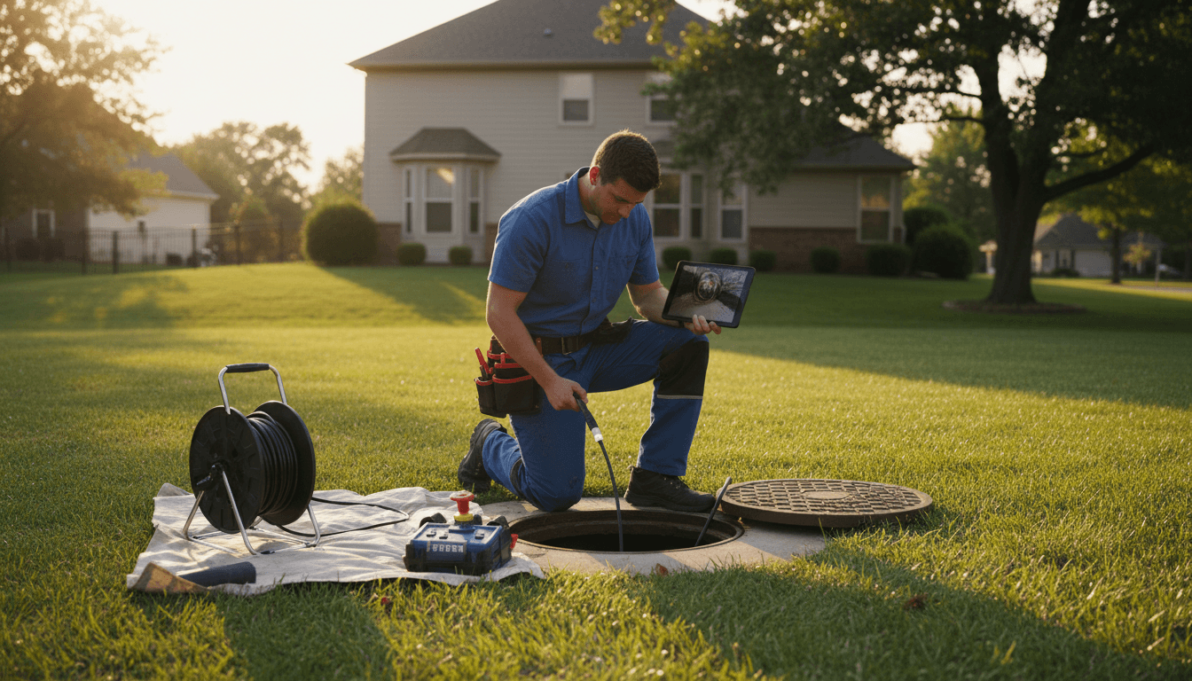 Plumber inspecting sewer line with camera equipment in residential yard