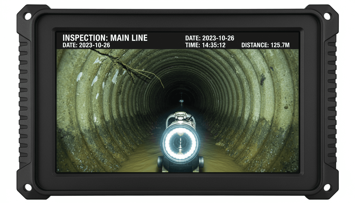 Close-up of sewer camera monitor showing pipe inspection footage