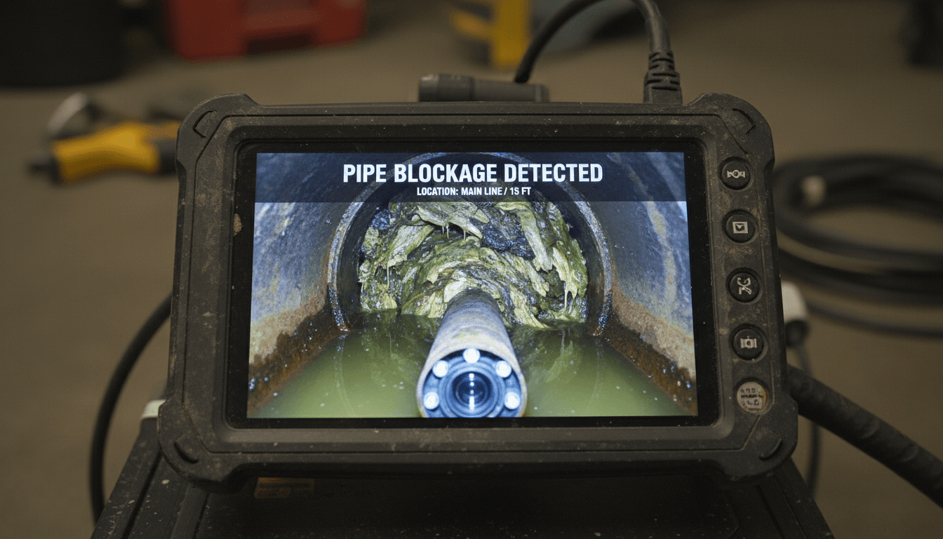 Sewer camera footage on a monitor