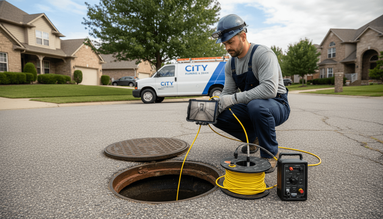 Plumber operating a sewer camera inspection unit in a yard