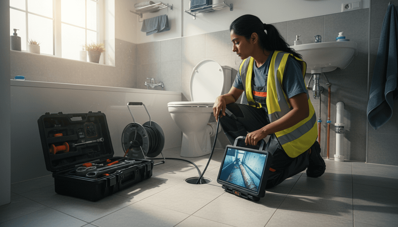 Plumber lowering a sewer camera into a drain line during an inspection