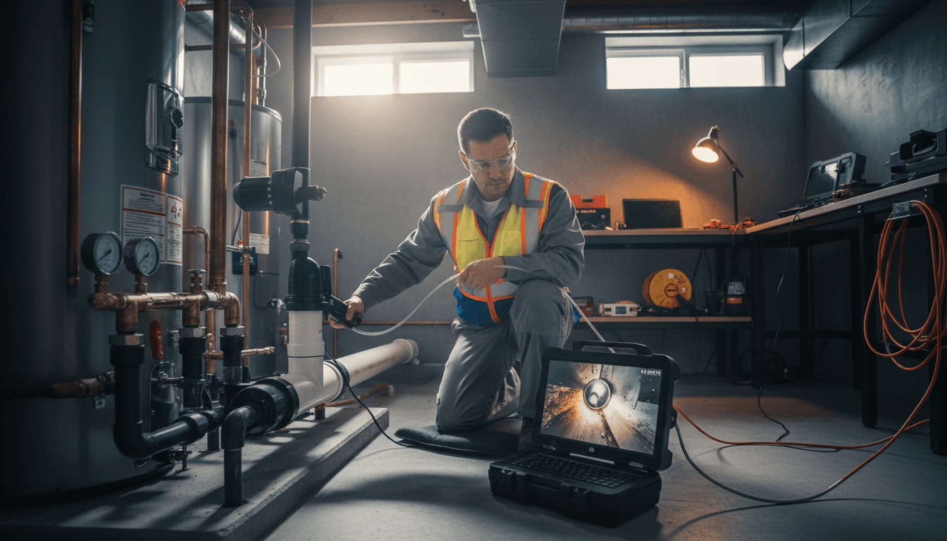 Plumber reviewing sewer camera footage on a portable monitor