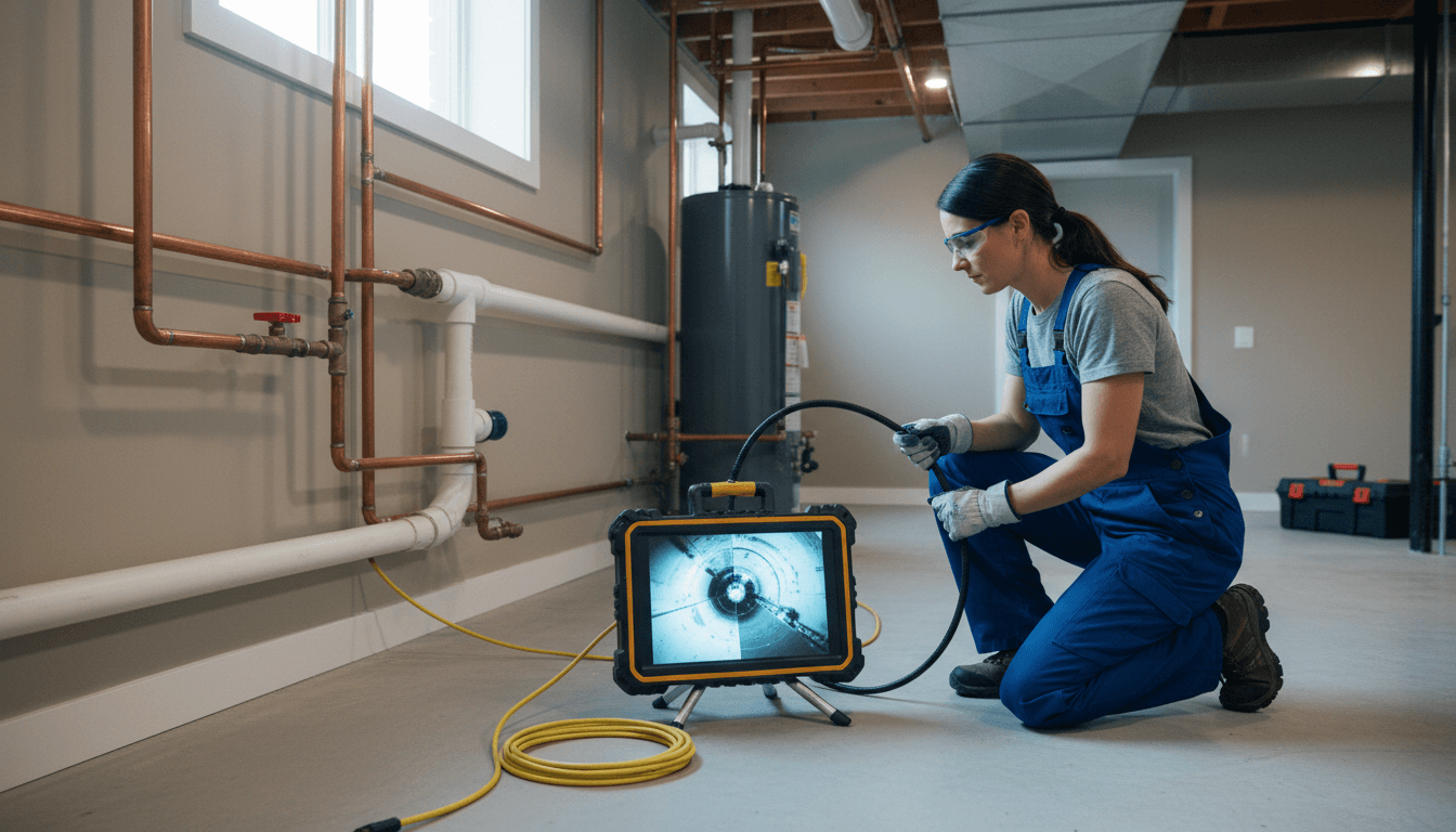 Plumber using a sewer camera to inspect a drain line in a residential yard