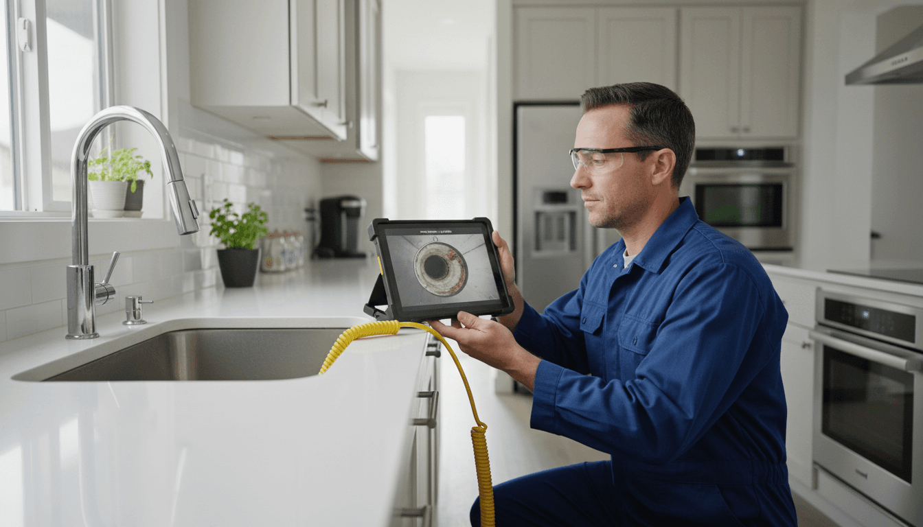 Professional plumber using sewer camera inspection equipment in a residential yard