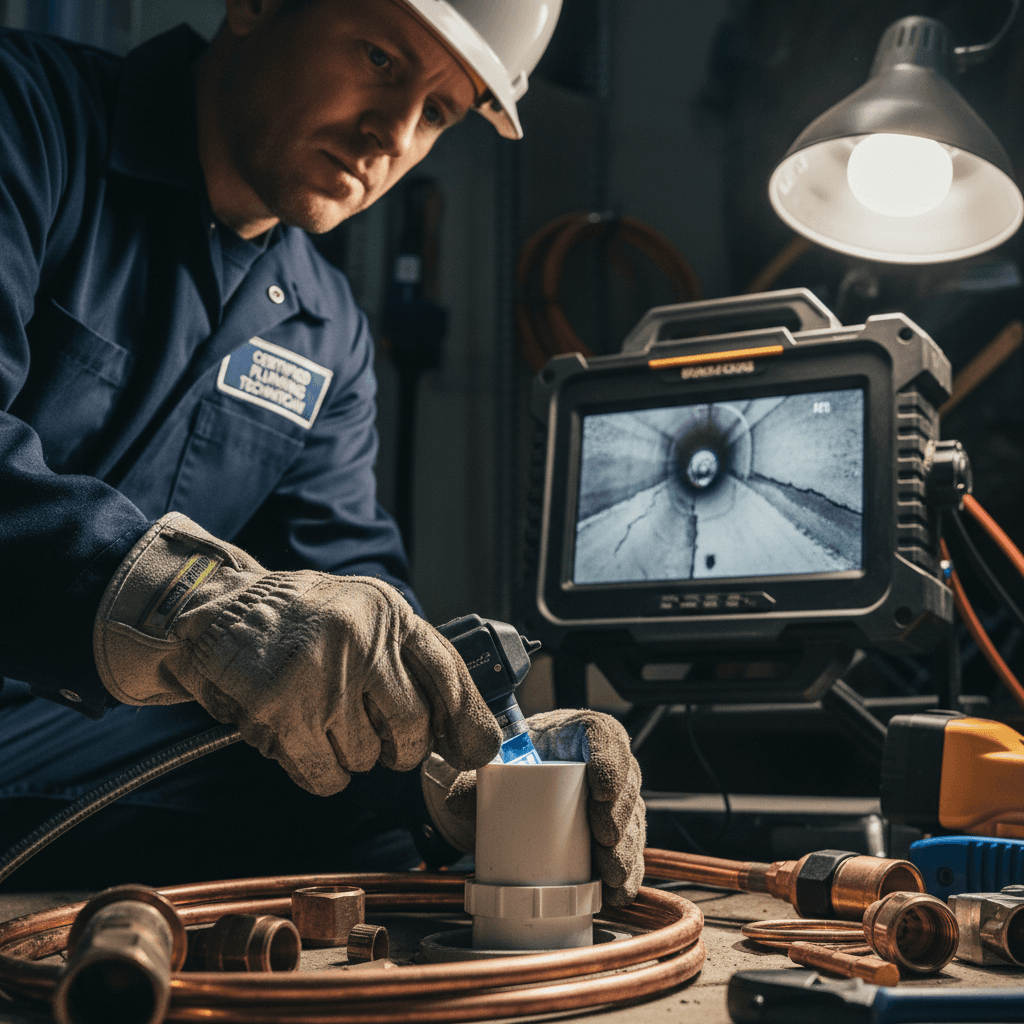Technician feeding a drain camera into a pipe during a sewer inspection