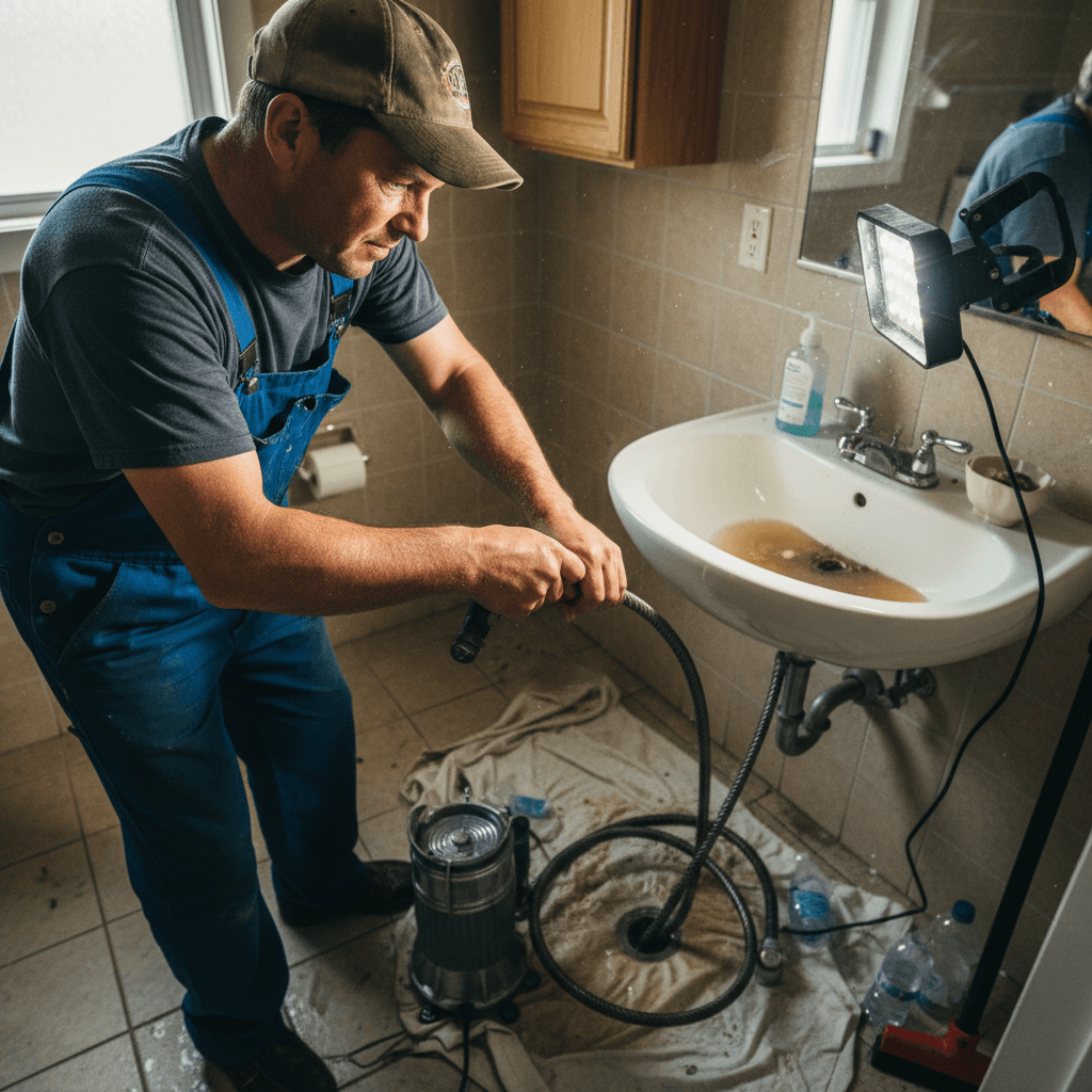 Plumber clearing a clogged drain with a motorized auger machine
