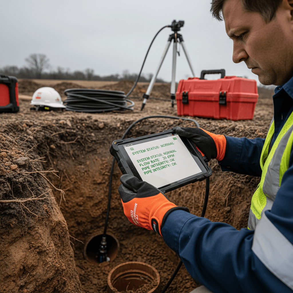 Sewer camera monitor displaying pipe inspection footage on a job site